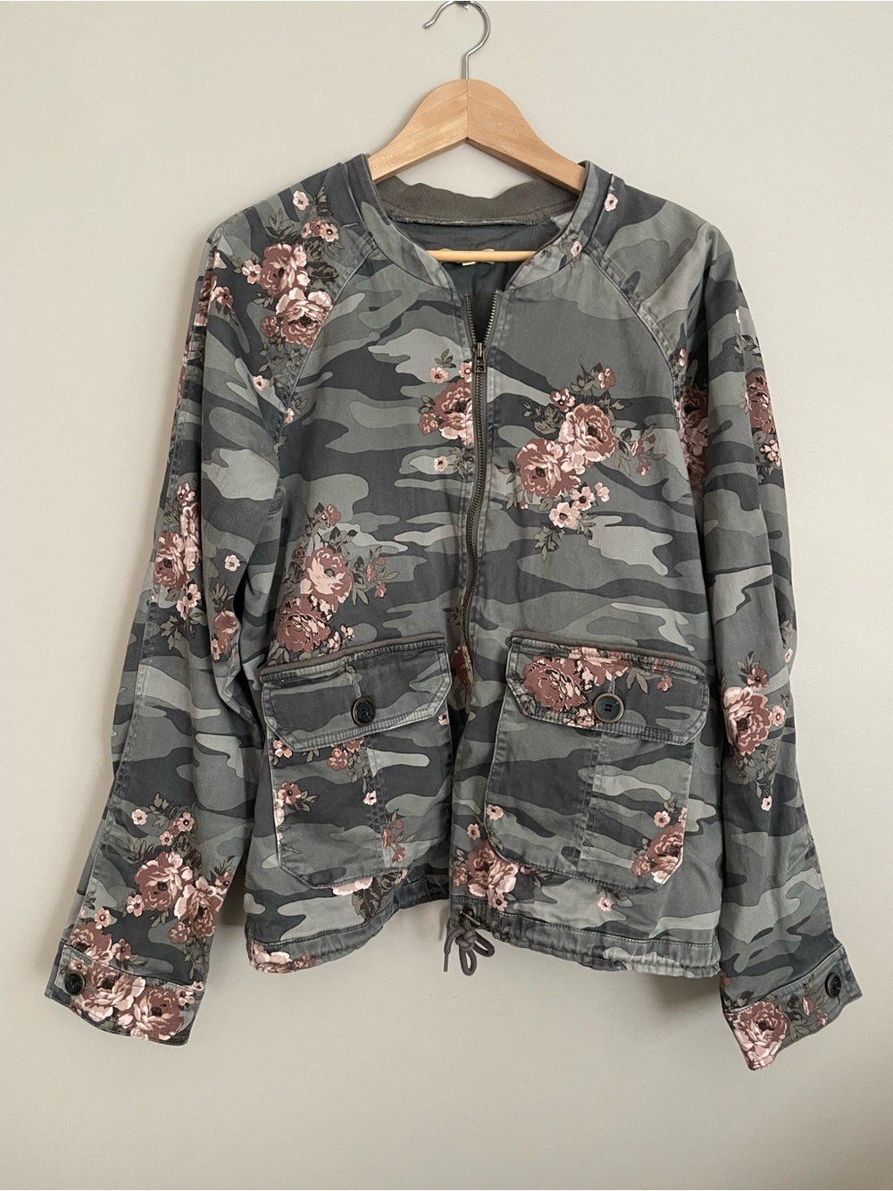 Democracy Gray Camo Utility Jacket with Rose Floral Print